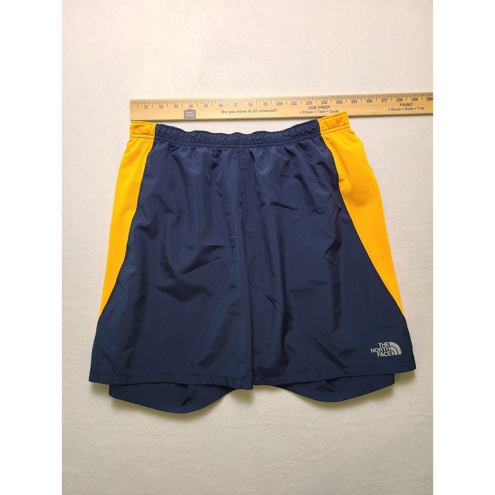 The North Face Medium Running Shorts Athletic Gorpcore Navy Blue Yellow Liner